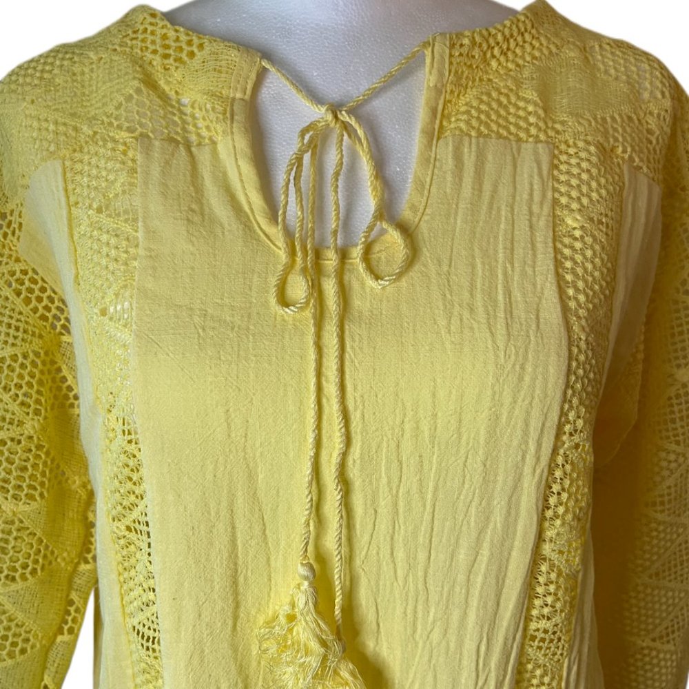 Yellow Lightweight 3/4 Sleeve Shirt with Lace Details & Tassels  Size Medium - Picture 5 of 10